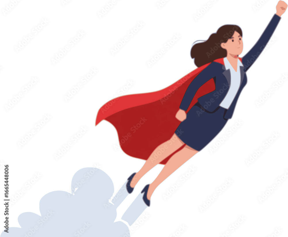Obraz premium Business lady superwoman flying up with focus on goals, success opportunity, achievement of female leader. Confident brave and strong businesswoman in red superhero cape cartoon vector illustration