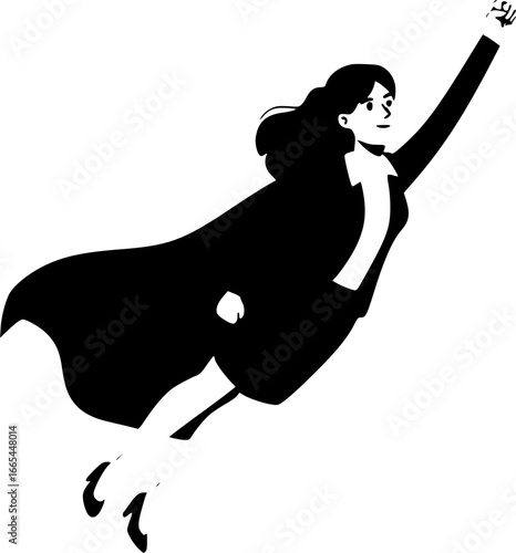 Business lady superwoman flying up with focus on goals, success opportunity, achievement of female leader. Confident brave and strong businesswoman in red superhero cape cartoon vector illustration