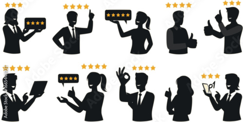 People rate product or service with five stars, good reviews set. Positive customer feedback in social media, characters rate quality with thumbs up and okay gestures cartoon vector illustration 