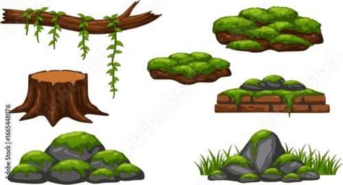 Green moss and lichen set. Swamp plant and liana hanging on forest tree branch, grass and oakmoss growth on brown stump and brick wall, mossy rocks and stones collection cartoon 