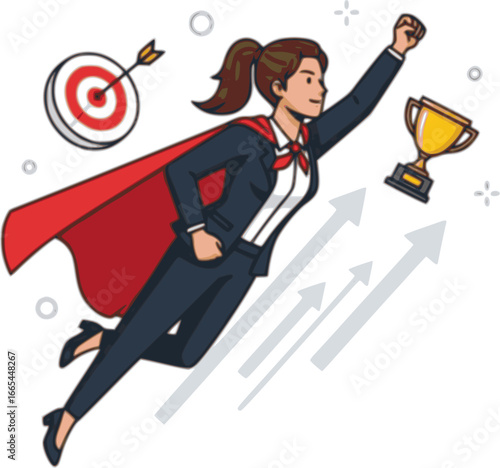 Business lady superwoman flying up with focus on goals, success opportunity, achievement of female leader. Confident brave and strong businesswoman in red superhero cape cartoon vector illustration