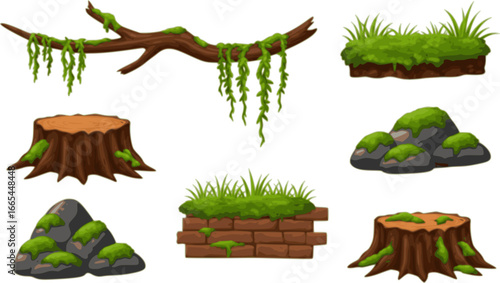 Green moss and lichen set. Swamp plant and liana hanging on forest tree branch, grass and oakmoss growth on brown stump and brick wall, mossy rocks and stones collection cartoon 