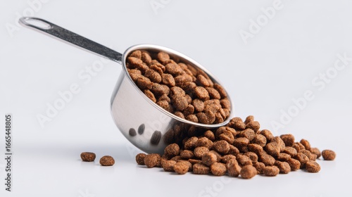 Pet food measuring cup with kibble spilling out on white background