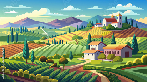  very beautiful Italian vineyards cartoon landscape with green hills and fields. Vector illustration. Flat design banner. European summer rural scenery