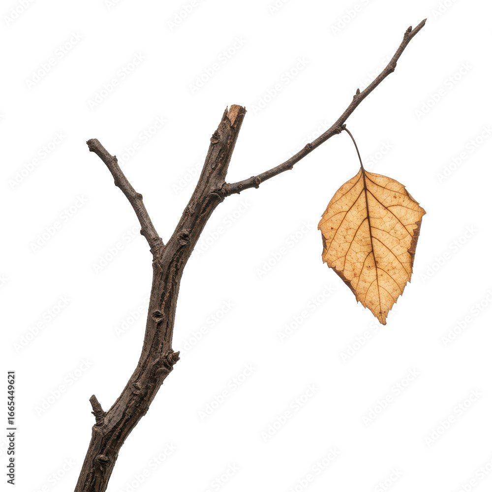 Fototapeta premium Gnarled dark brown barren tree branch with rough bark, a single light brown crumpled dead leaf clinging precariously. Isolated on a seamless transparent background with shadowless studio lighting,