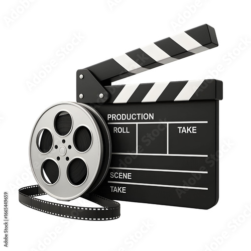 Film and clap board movies symbol 3d. Isolated on white