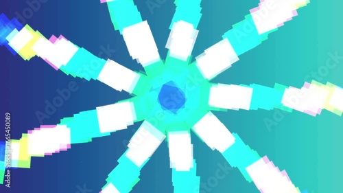 Dynamic digital explosion with vibrant cyan, white, and yellow geometric shapes creating a sense of motion