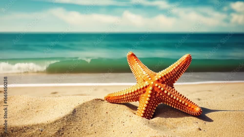 Starfish by the Sea: A vibrant starfish rests serenely on a sandy beach, overlooking the endless azure ocean, embodying tranquility and the essence of coastal beauty. Starfish by the Sea: A vibrant starfish rests serenely on a sandy beach, overlooking the endless azure ocean, embodying tranquility and the essence of coastal beauty.