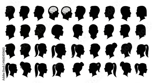 A diverse collection of human head silhouettes in profile view, including men, women, and children. Vector illustration set with anatomical brain icons