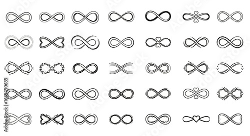 Diverse collection of hand-drawn infinity symbols showcasing various artistic interpretations of endlessness, eternity, and infinite possibilities, perfect for design projects and spiritual themes
