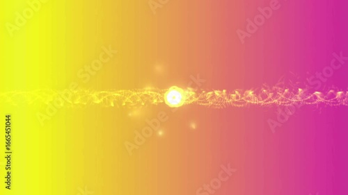 Dynamic glowing particle wave pulsates with bright light across vibrant yellow to pink gradient background