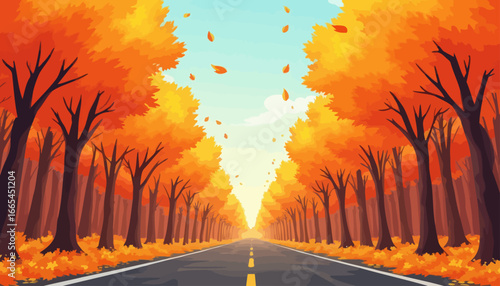 A scenic road stretches through a vibrant autumn forest, leading towards the bright sky.