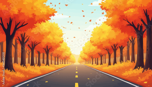 Autumn road scene with trees lining the path, leaves falling, and a bright sky in the distance.