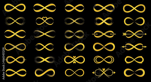 Elegant collection of diverse golden infinity symbols. A versatile set of hand-drawn eternal loop icons representing limitless concepts and endless love