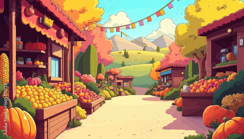 A vibrant illustration depicts a bustling autumn market with stalls overflowing with produce, set against a backdrop of rolling hills.