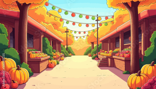 A vibrant autumn market scene showcasing produce, pumpkins, and festive decorations under colorful lights.