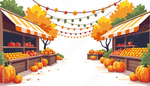 A vibrant illustration of a fall farmer's market, showcasing pumpkins and produce.