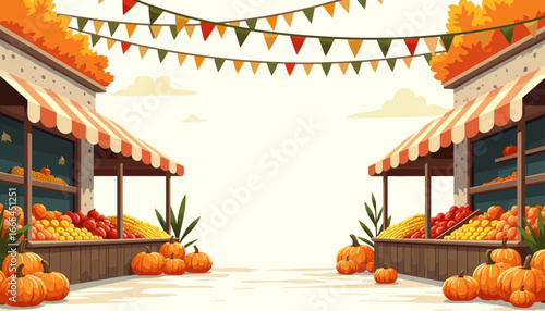 Autumnal market stalls lined with pumpkins and produce, festive decorations.