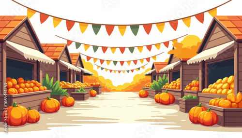 A vibrant illustration of a bustling autumn market, filled with produce and festive decorations.