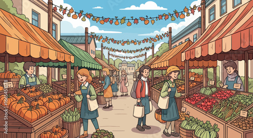 A bustling outdoor market scene with vendors selling produce under colorful awnings, and shoppers browsing the stalls.