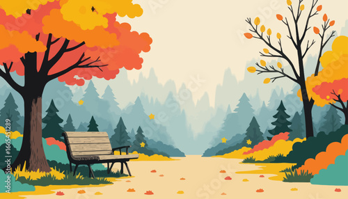 A serene autumn landscape featuring a park bench, colorful trees, and a path leading into a misty forest.