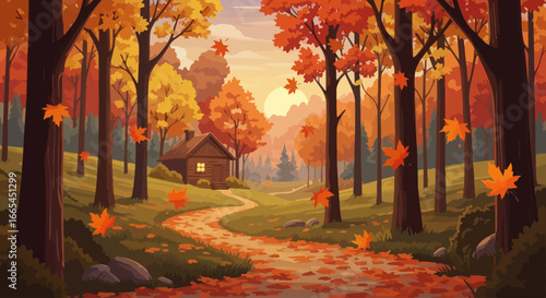 Autumnal forest scene with a cozy cabin nestled on a winding path.