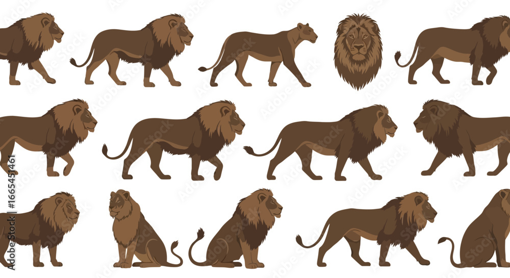 Obraz premium Comprehensive set of lion vector illustrations, featuring a male lion with a full mane and a lioness in different dynamic and static poses