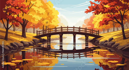 Serene autumn scene featuring a wooden bridge reflecting in a calm stream, surrounded by vibrant fall foliage.