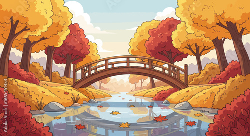 Autumnal park scene with a picturesque wooden bridge over a calm stream, vibrant fall colors.