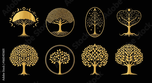 An ornate set of intricate golden Tree of Life illustrations, featuring celestial, cosmic, and heart motifs for spiritual logos and branding