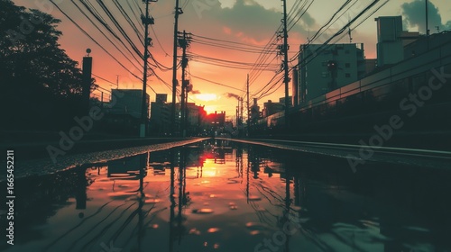 Urban sunset reflected in a puddle, city silhouettes