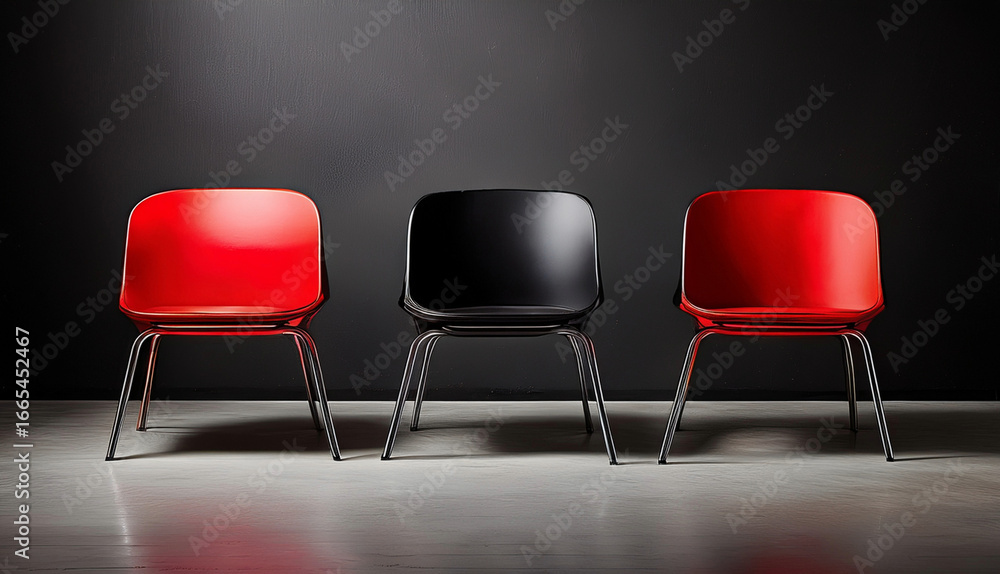 Obraz premium Minimalist photo of three modern chairs, two red and one black, placed against a dark wall, symbolizing design, choice, individuality, interior decoration and stylish contemporary furniture.