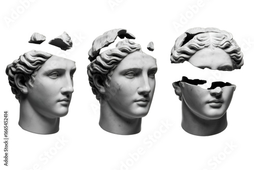 Three fragmented marble busts of a woman against black