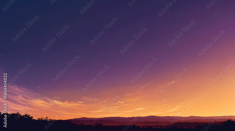 Fototapeta premium Beautiful sunset highlighting a serene landscape with silhoutted mountains and colorful sky at dusk in a tranquil rural setting Generative AI
