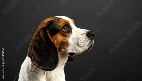 Close-up profile view of a Beagle dog, showcasing its rich tri-colored coat and attentive expression against a dark backdrop.