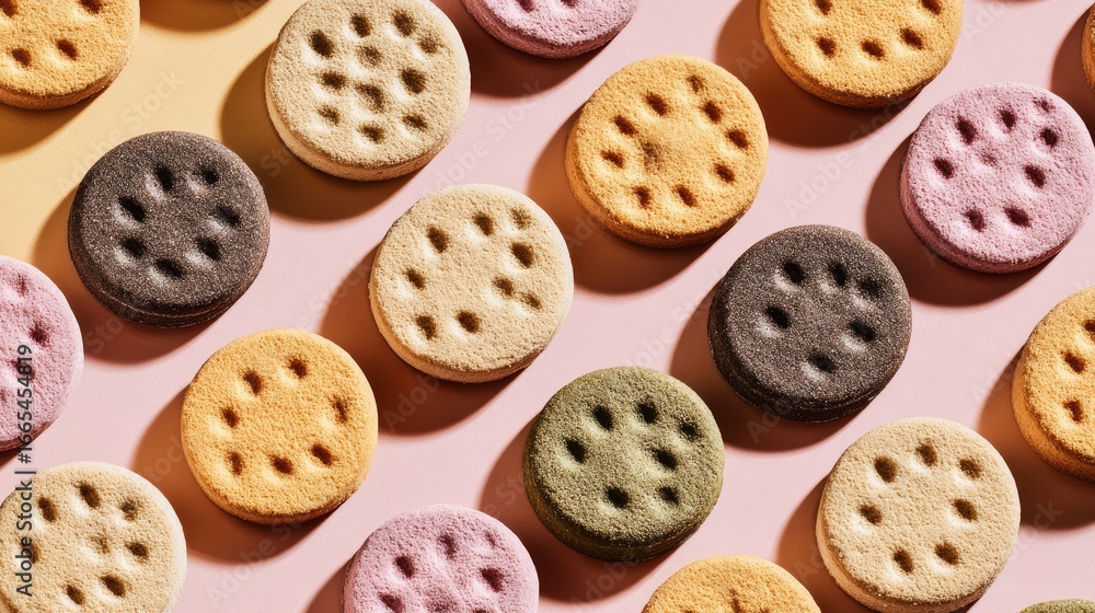 Obraz premium Premium pet treats arranged in circle pattern. Pastel colored background