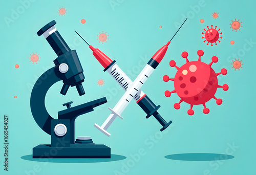 Vaccination concept, microscope, vaccine syringes and bacteria.
