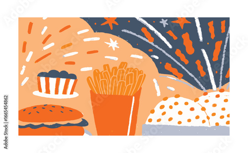 Vibrant fireworks exploding like doodles while transforming into tasty fast food items including burgers, fries, pizza, popcorn, and tacos.
