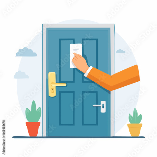 Hand Placing Notice On Teal Door
