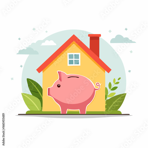 Cute Piggy Bank Beside A House Illustration