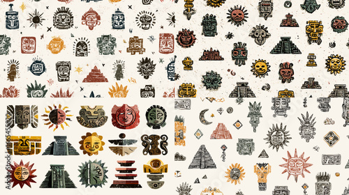 Collection of Aztec and Mayan cultural symbols, pyramids, sun motifs, and tribal ornaments in vintage hand-drawn style for design and decoration.