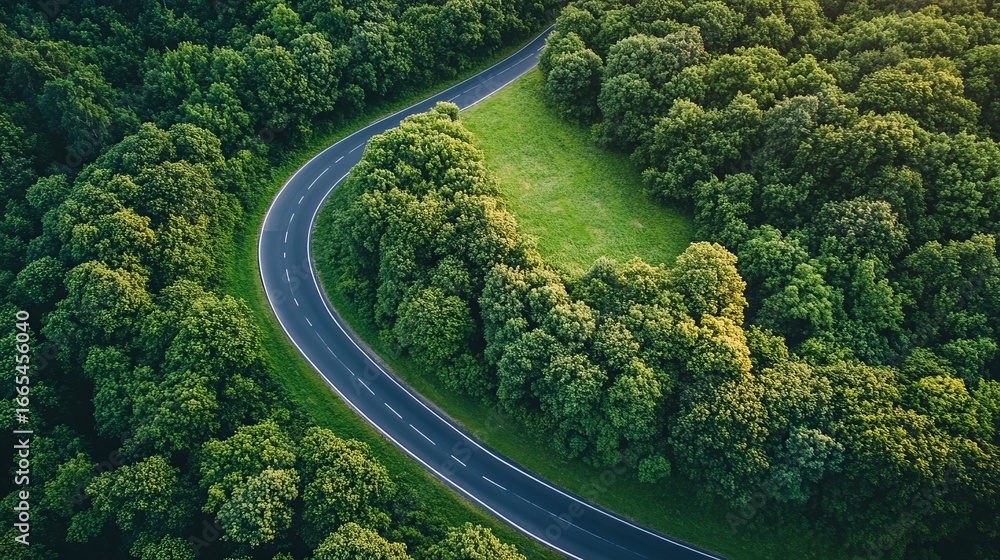 Fototapeta premium Winding road through lush green forest. High-angle view