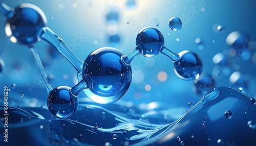 Abstract scientific background depicting a glowing blue molecule in a dynamic liquid