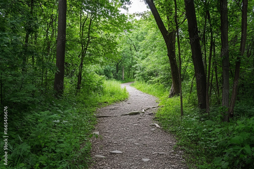Fototapeta premium Wooded path winds through lush greenery