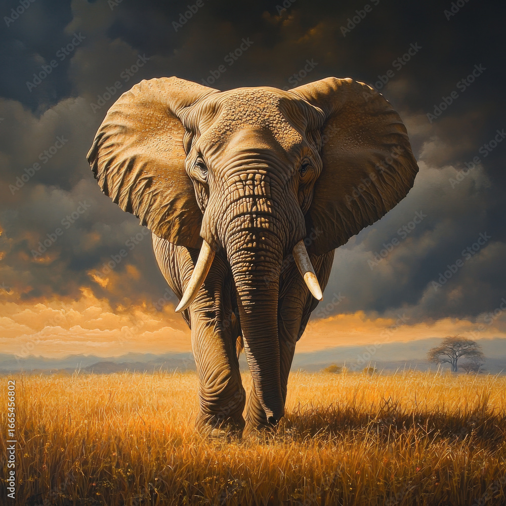 Fototapeta premium Majestic bull elephant walking confidently through endless savanna, powerful presence, rich golden lighting, breathtaking fine art wildlife image, ultra-detailed realism 