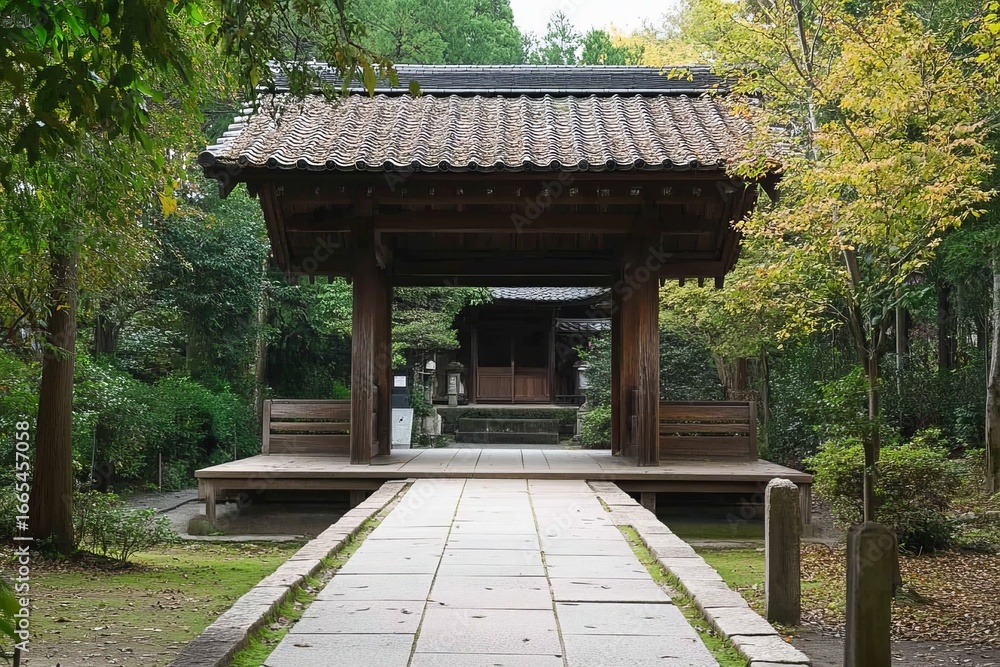 Obraz premium Wooden gate to serene Japanese temple garden