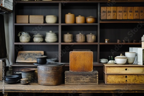 Wooden shelves filled with vintage ceramic and wooden containers