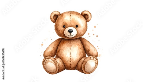A charming teddy bear, depicted in a watercolor style, sits against a white background, exuding warmth and happiness.