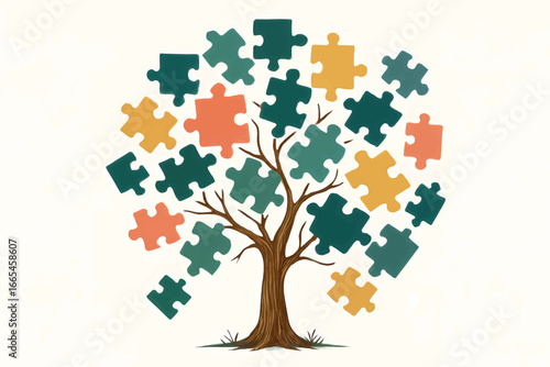 Abstract Tree with Puzzle Piece Leaves Illustration