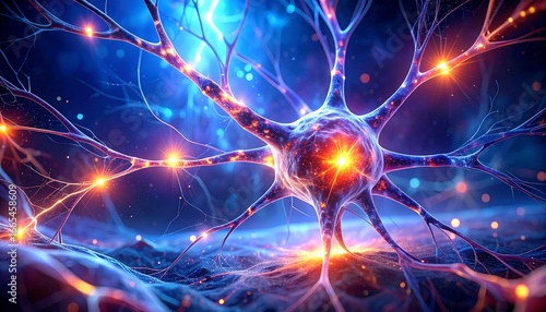 Abstract illustration of a glowing neuron with intricate connections and vibrant energy